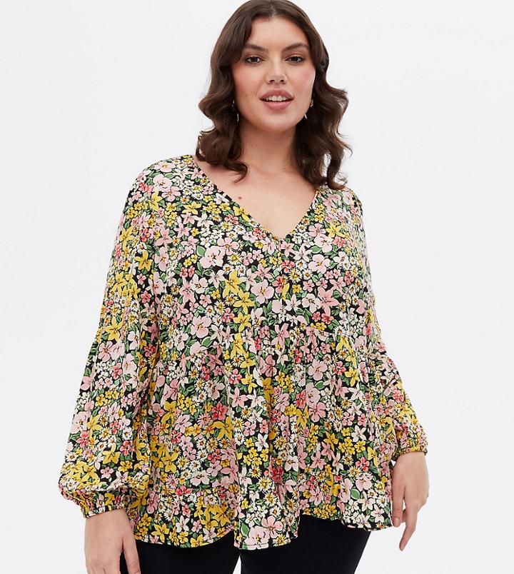 New Look Curve V-neck Smock Top In Multi Floral Print-black