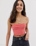 Asos Design Bandeau In Rib With Lettuce Hem In Stripe - Multi