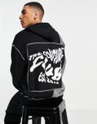 The Couture Club Oversized Spliced Hoodie In Black And Gray With Placement Print
