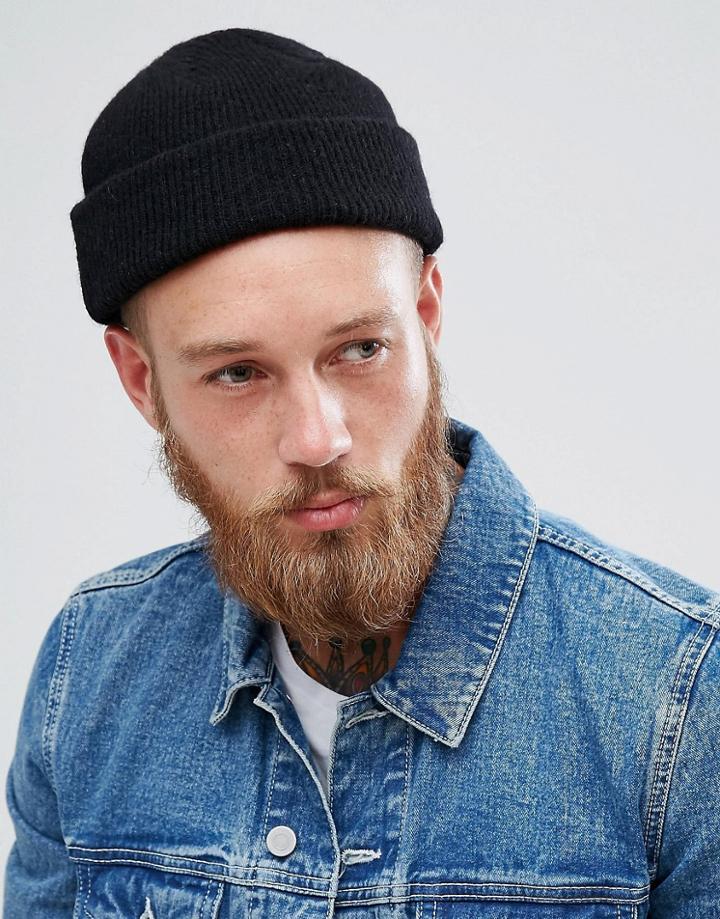 Asos Mini Fisherman Beanie In Black Lambswool Blend - Black