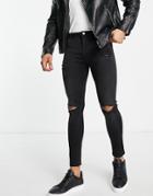 Asos Design Spray On Jeans With Power Stretch And Knee And Thigh Rips In Black
