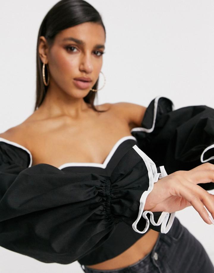 Asos Design Off Shoulder Cotton Top With Volume Sleeves And Contrast Piping-black