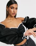 Asos Design Off Shoulder Cotton Top With Volume Sleeves And Contrast Piping-black
