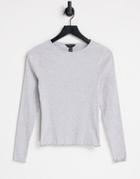 New Look Frill Neck Ribbed Long Sleeve T-shirt In Light Gray-white