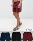 Asos Swim Shorts 3 Pack In Plum Navy & Black Mid Length Save - Multi