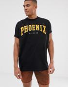 Asos Design Organic Cotton Oversized Longline T-shirt With Phoenix City Print And Roll Sleeve-black