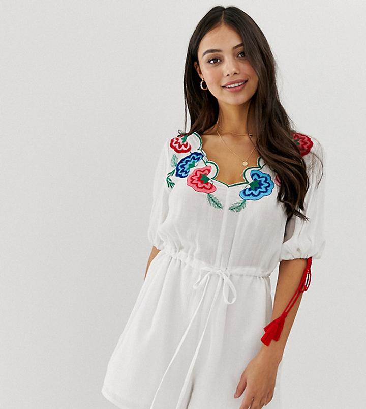 Asos Design Petite Romper With Embroidery And Tie Sleeve Detail-white