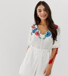 Asos Design Petite Romper With Embroidery And Tie Sleeve Detail-white