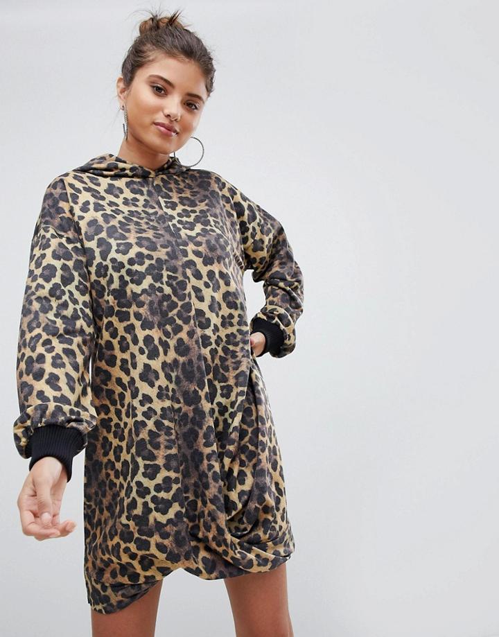 Asos Design Hoody Sweat Dress In Leopard Print - Multi