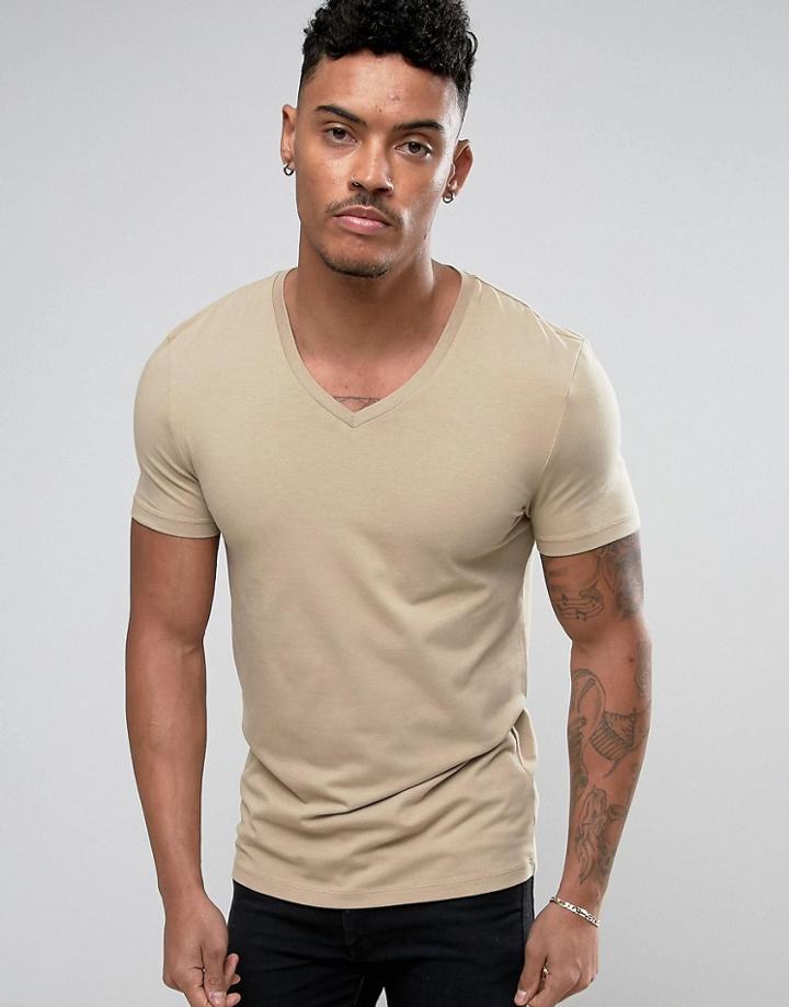Asos Muscle Fit V Neck T-shirt In Beige - Beige