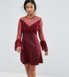 Elise Ryan Petite A Line Mini Dress With Lace Frill & Fluted Long Sleeve - Red