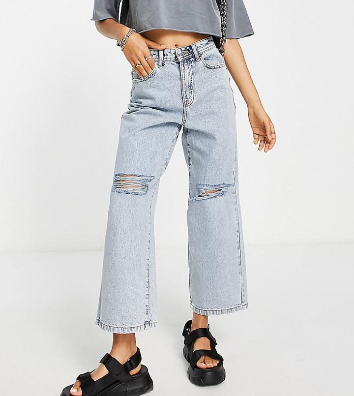 Noisy May Petite Ripped Knee Wide Leg Jeans In Light Blue