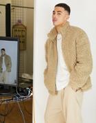 New Look Borg Zip Through Fleece In Camel-white