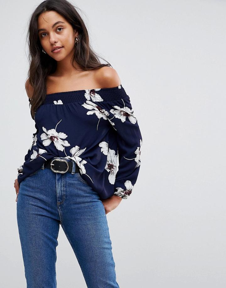 Ax Paris Floral Bardot Long Sleeve Top - Navy