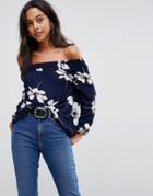 Ax Paris Floral Bardot Long Sleeve Top - Navy