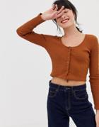 Side Party Miu Buttoned Deep Neck Ribbed Top - Brown