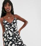 Asos Design Tall Cami Wrap Mini Dress With Frill Hem In Smudge Print - Multi