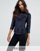 A Star Is Born Embellished Top With 3/4 Sleeves - Navy