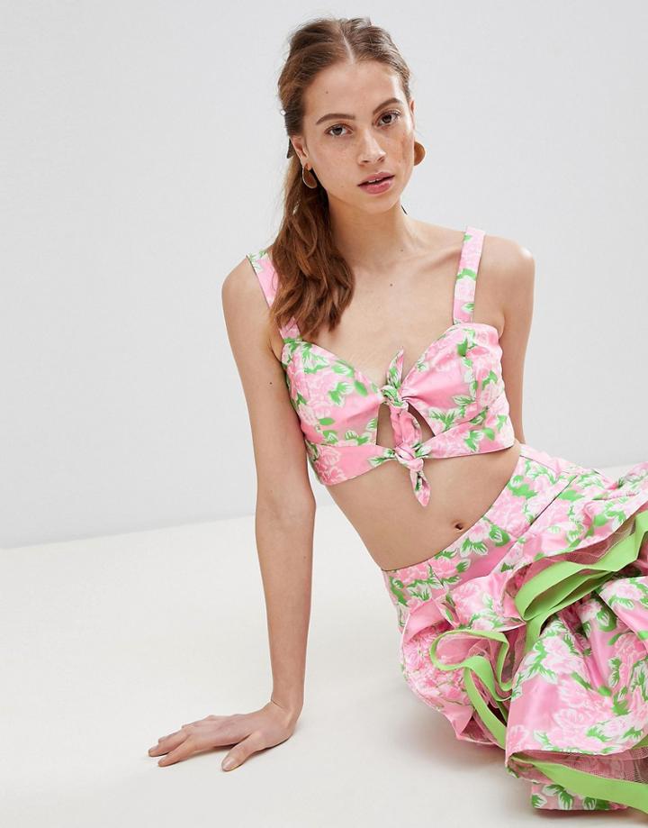Asos Floral Jacquard Crop Top With Knot Detail Two-piece - Multi