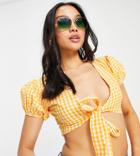 Influence Petite Tie Front Crop Top In Orange Gingham Print