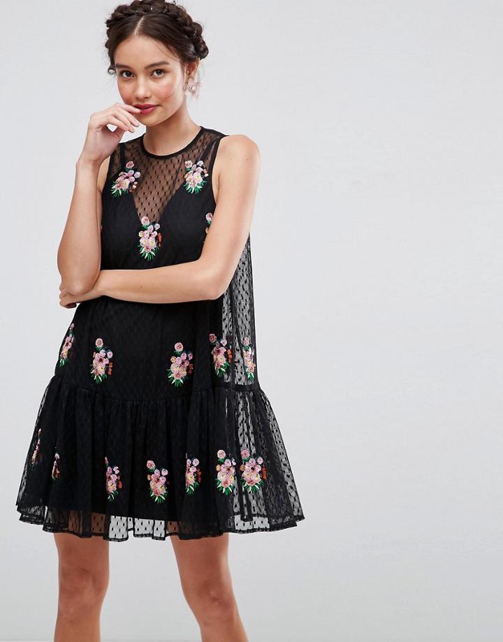 Asos Embellished Dolly Mesh Smock Mini Dress - Black
