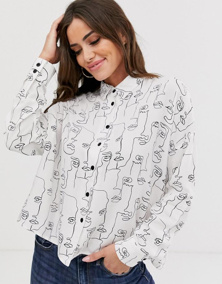 Asos Design Long Sleeve Cropped Shirt In Sketchy Faces Print - Multi