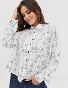 Asos Design Long Sleeve Cropped Shirt In Sketchy Faces Print - Multi