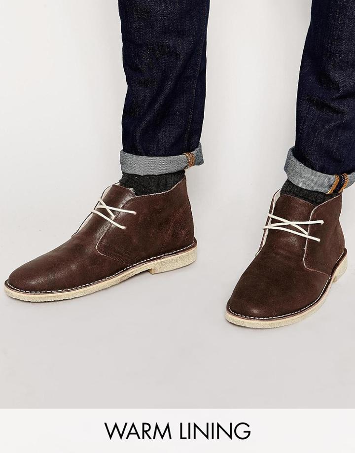 Asos Desert Boots In Waxed Suede With Shearling Look Lining - Brown