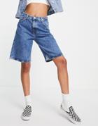 Monki Liv Organic Cotton Long Denim Shorts In Blue-blues