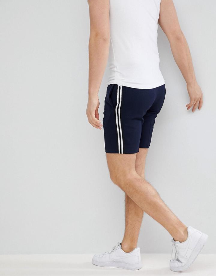 Asos Slim Mid Length Smart Shorts In Navy With Side Stripes - Navy