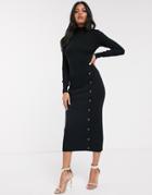 Fashion Union High Neck Knitted Dress With Button Detail-black