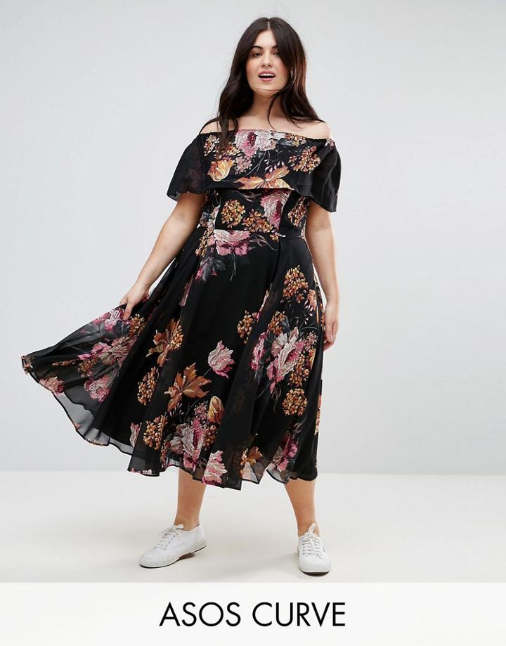 Asos Curve Black Floral Bardot Midi Skater Dress - Multi