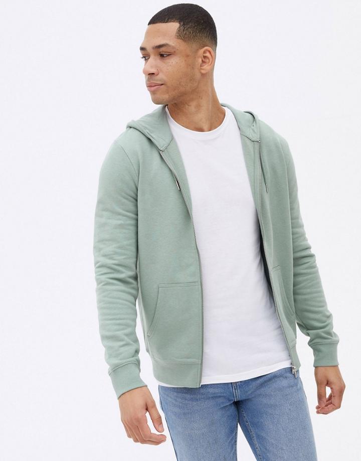 New Look Zip Through Hoodie In Light Khaki-green