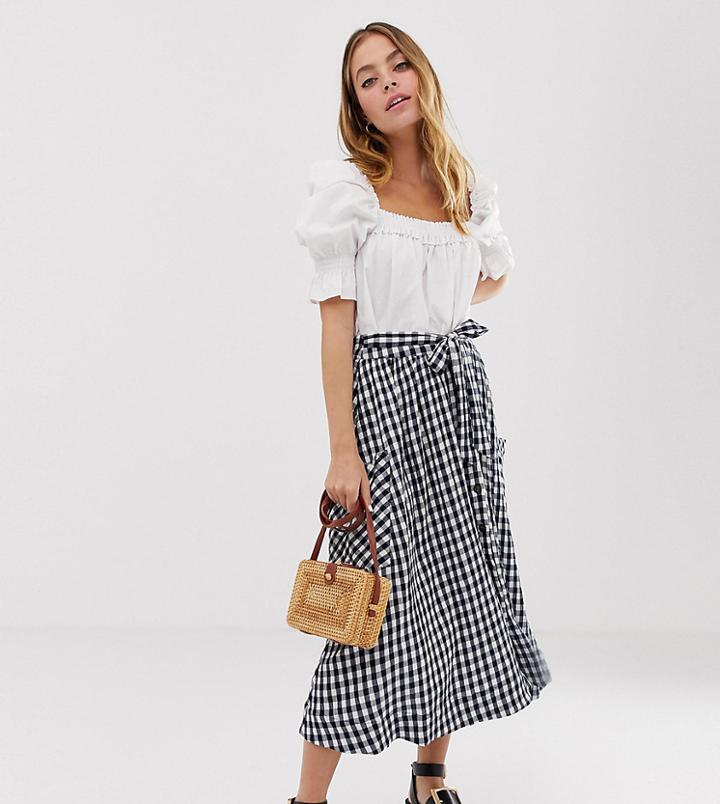 Asos Design Petite Gingham Full Midi Skirt With Belt And Pockets - Multi