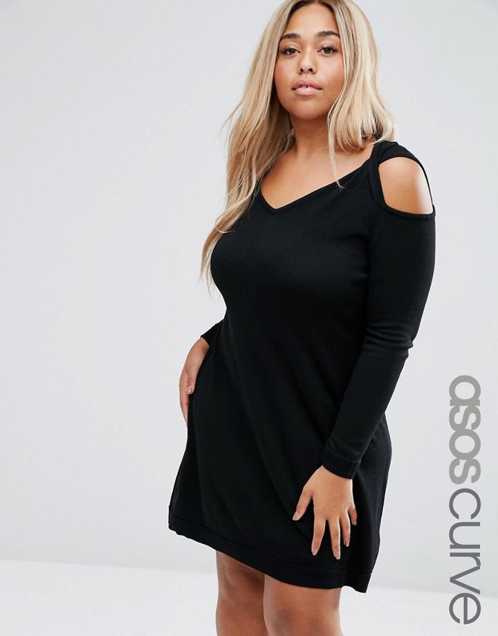 Asos Curve Knitted Dress With Cold Shoulder In Cashmere Mix - Black