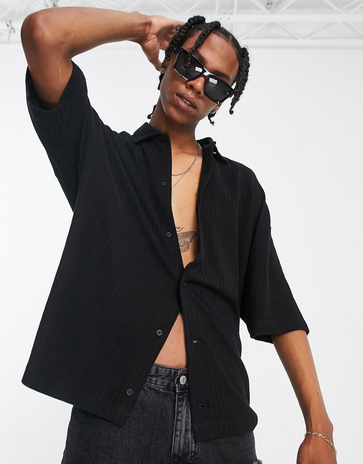 Asos Design Oversized Rib Jersey Shirt With Half Sleeve In Black