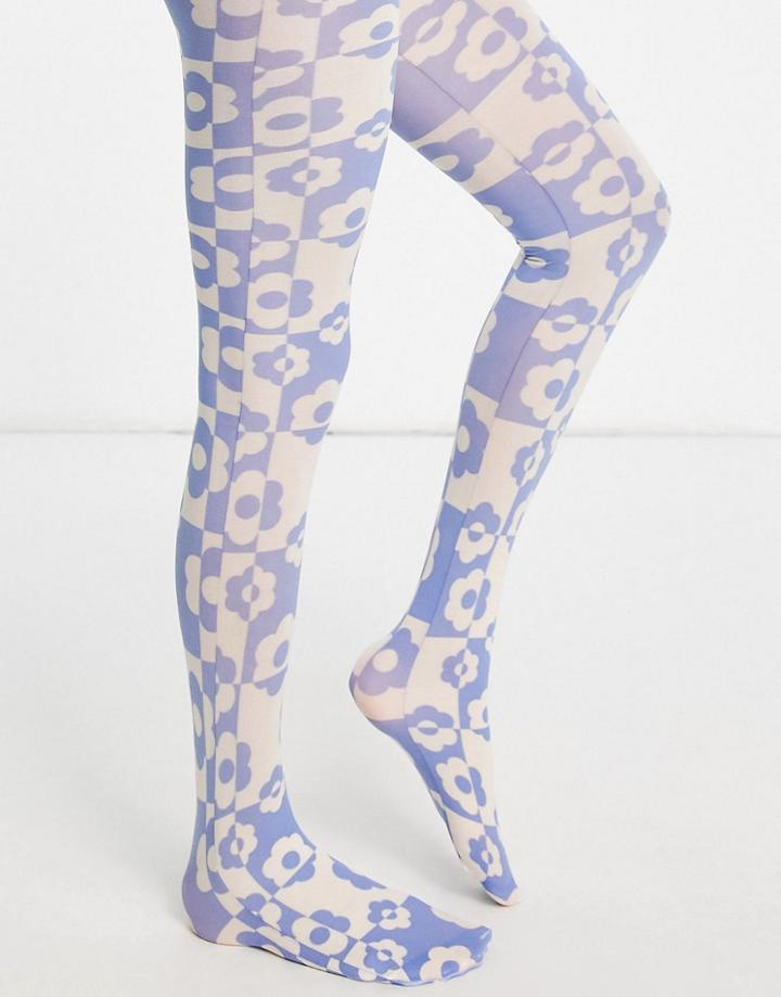 Asos Design 40 Denier Checkerboard Floral Printed Tights In Multi