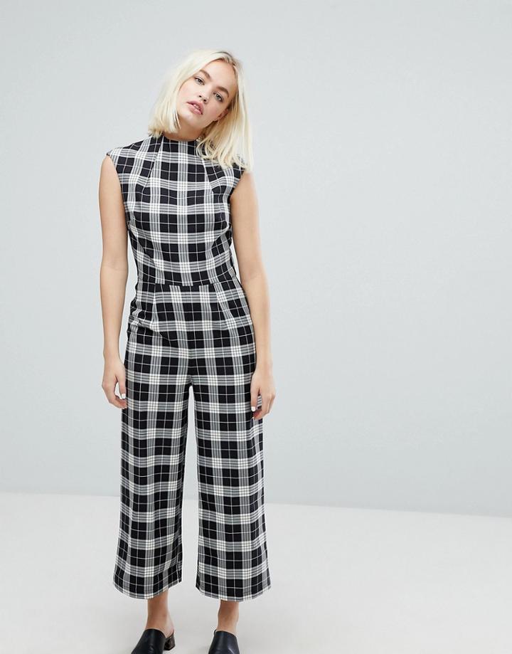 Asos Jumpsuit With High Neck And Wide Leg In Check - Black