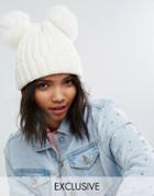 My Accessories Beanie With Double Faux Fur Pom - Cream