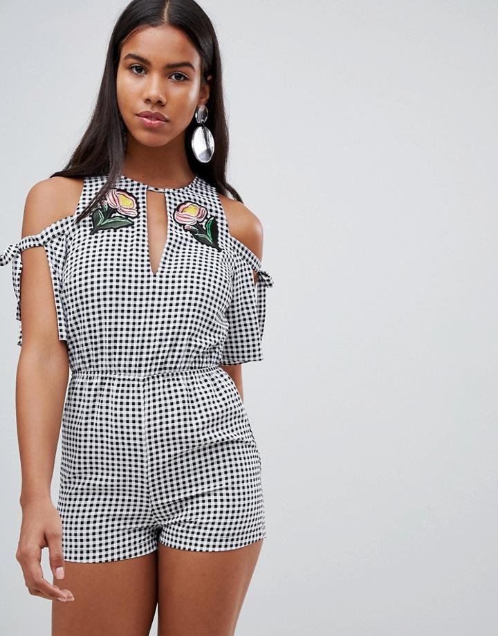 Rare Cold Shoulder Gingham Embroidered Romper - Black