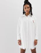 Sacred Hawk Oversized Denim Shirt Dress With Shredded Hem And Rose Embroidery - White