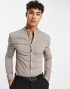 Asos Design Super Skinny Muscle Fit Shirt With Contrast Buttons In Taupe-brown