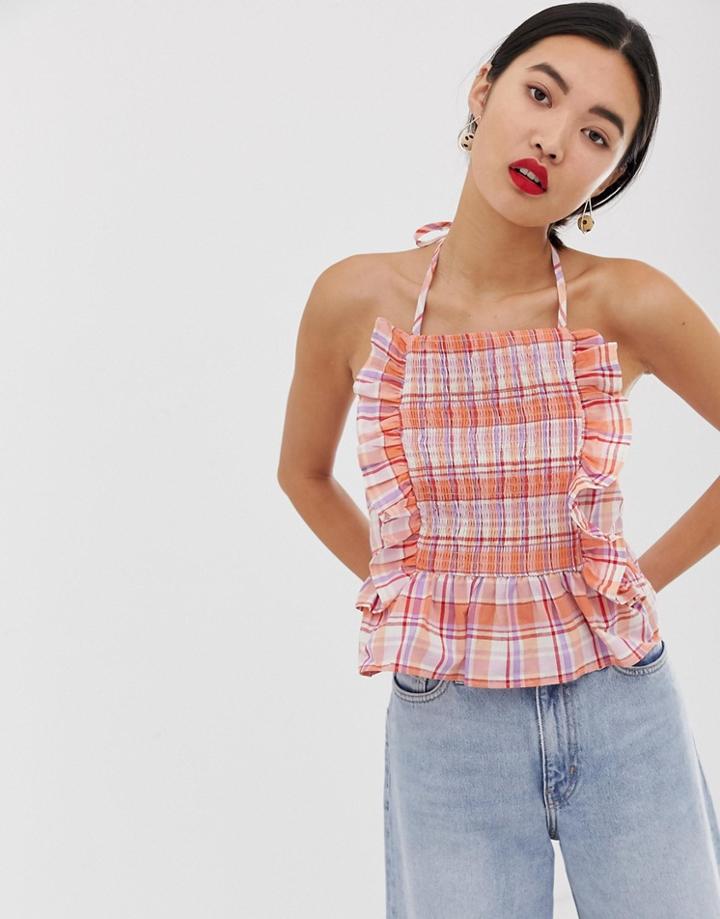 Lost Ink Cami Top With Shirring In Woven Check-orange