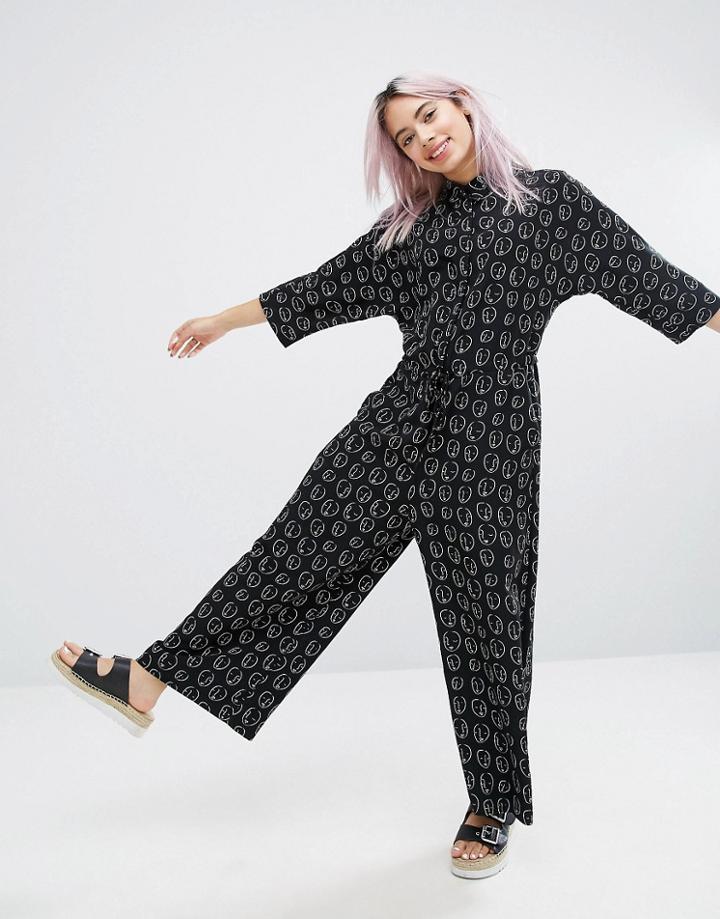 Monki Face Print Culotte Jumpsuit - Black