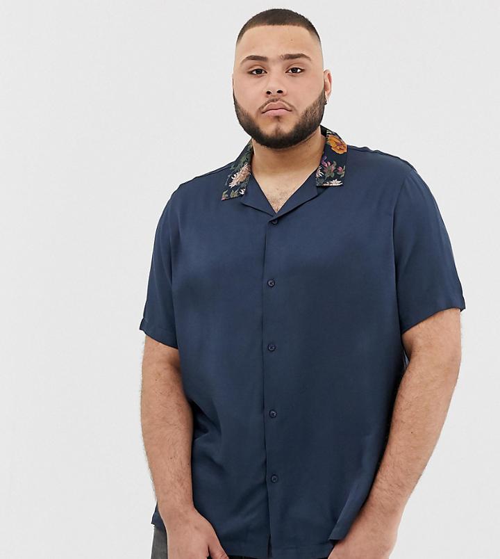 Asos Design Plus Regular Fit Satin Shirt With Floral Revere Collar-navy