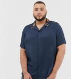 Asos Design Plus Regular Fit Satin Shirt With Floral Revere Collar-navy