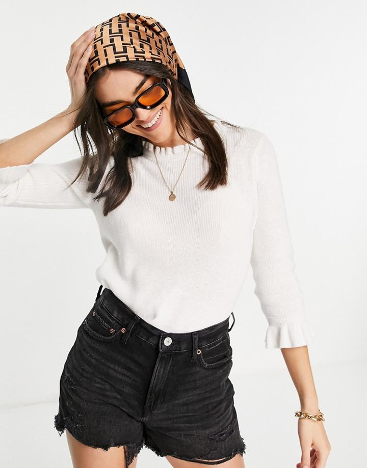 Vila Knit Sweater With Frill Neck And Sleeve Detail In White