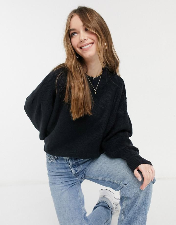Asos Design Sweater With Batwing And Pleat Sleeve Detail In Navy