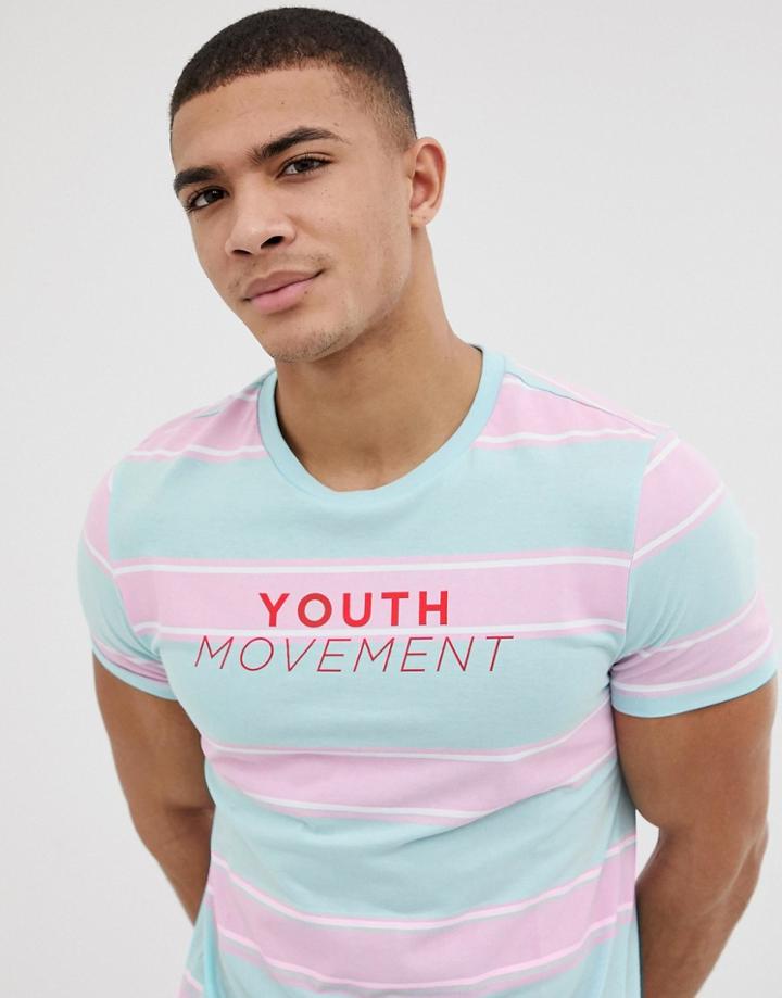 Asos Design Organic Cotton Stripe T-shirt With Youth Movement Print-blue