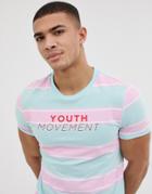 Asos Design Organic Cotton Stripe T-shirt With Youth Movement Print-blue